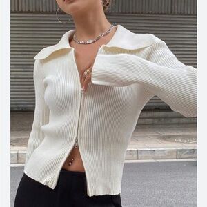 SHEIN Livesso Business Casual Solid Cream Zip-Up Cardigan